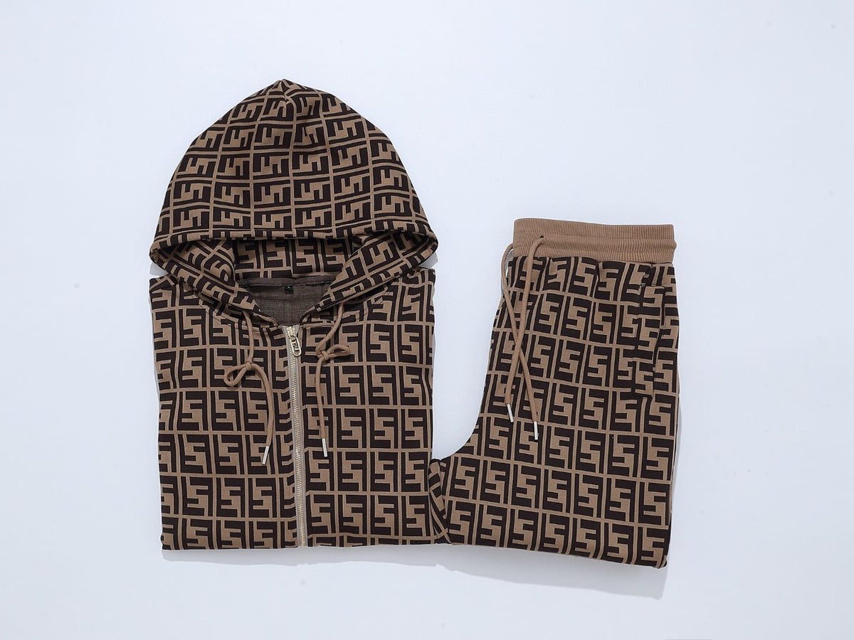 Fendi Allover FF Brown Zucca Logo Knit Tracksuit Set