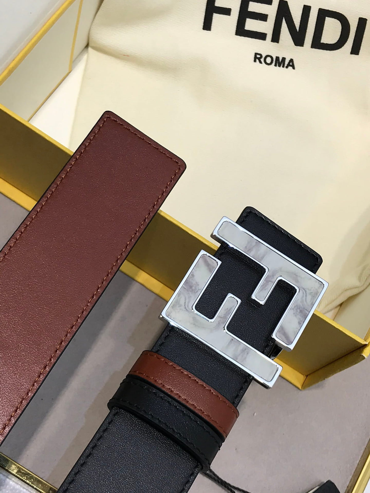 Fendi Black/Burgundy Leather FF Logo Buckle Reversible Belt 38mm