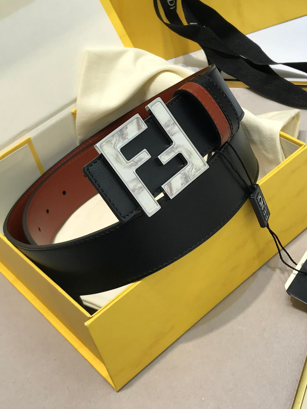 Fendi Black/Burgundy Leather FF Logo Buckle Reversible Belt 38mm