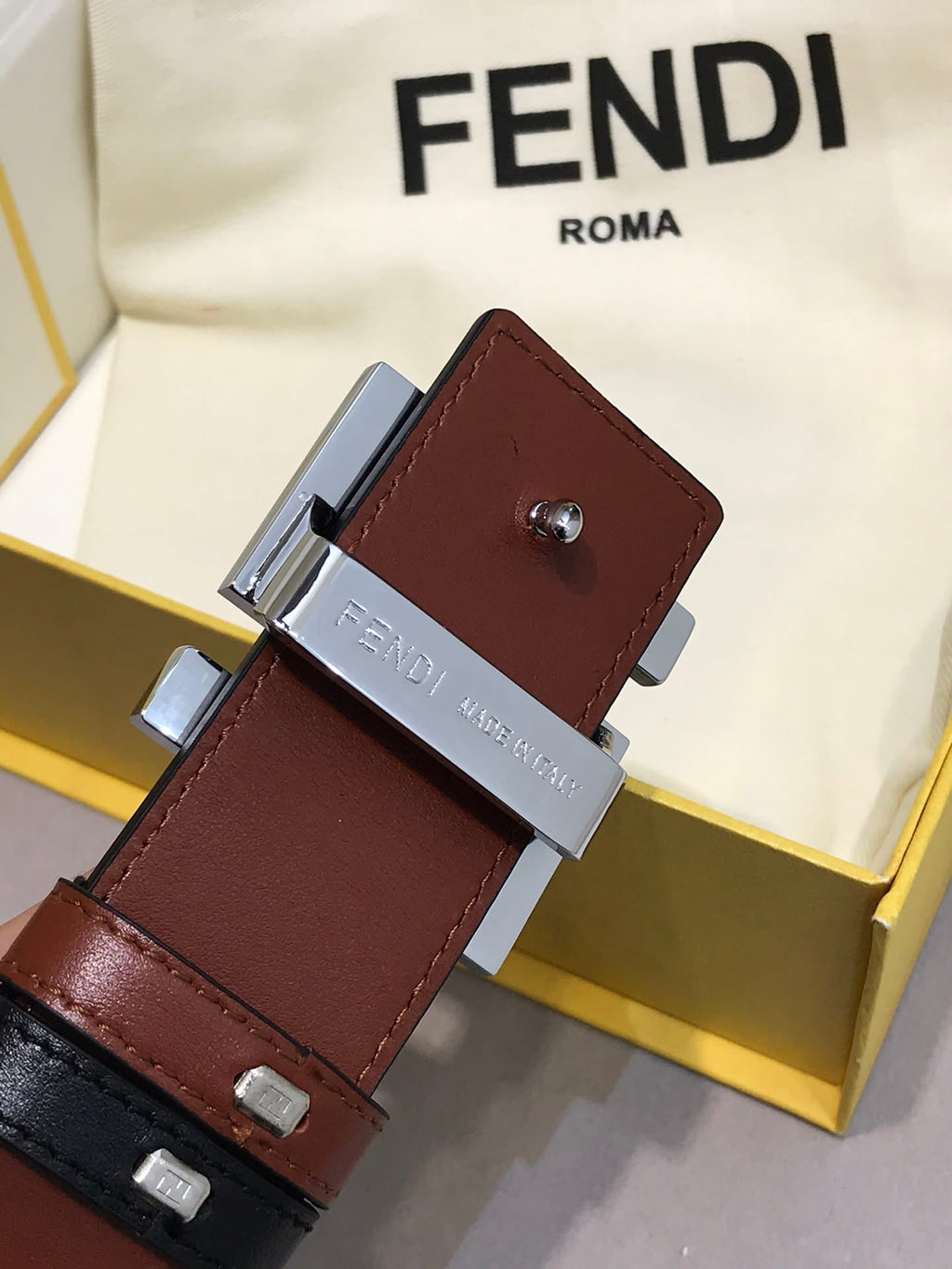 Fendi Black/Burgundy Leather FF Logo Buckle Reversible Belt 38mm