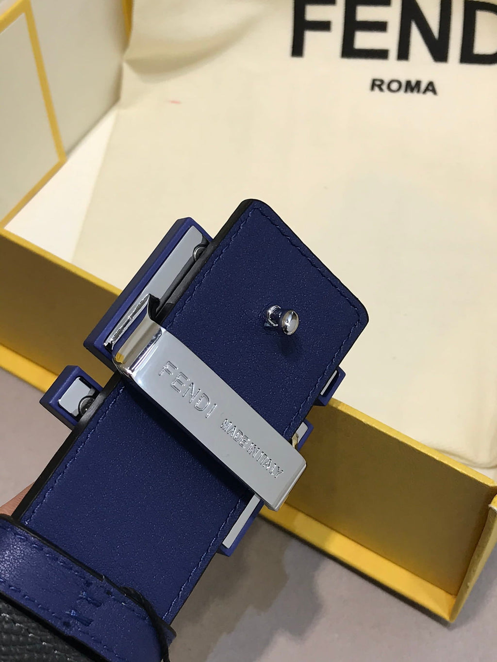 Fendi Navy Blue/Black Leather FF Logo Buckle Reversible Belt 38mm