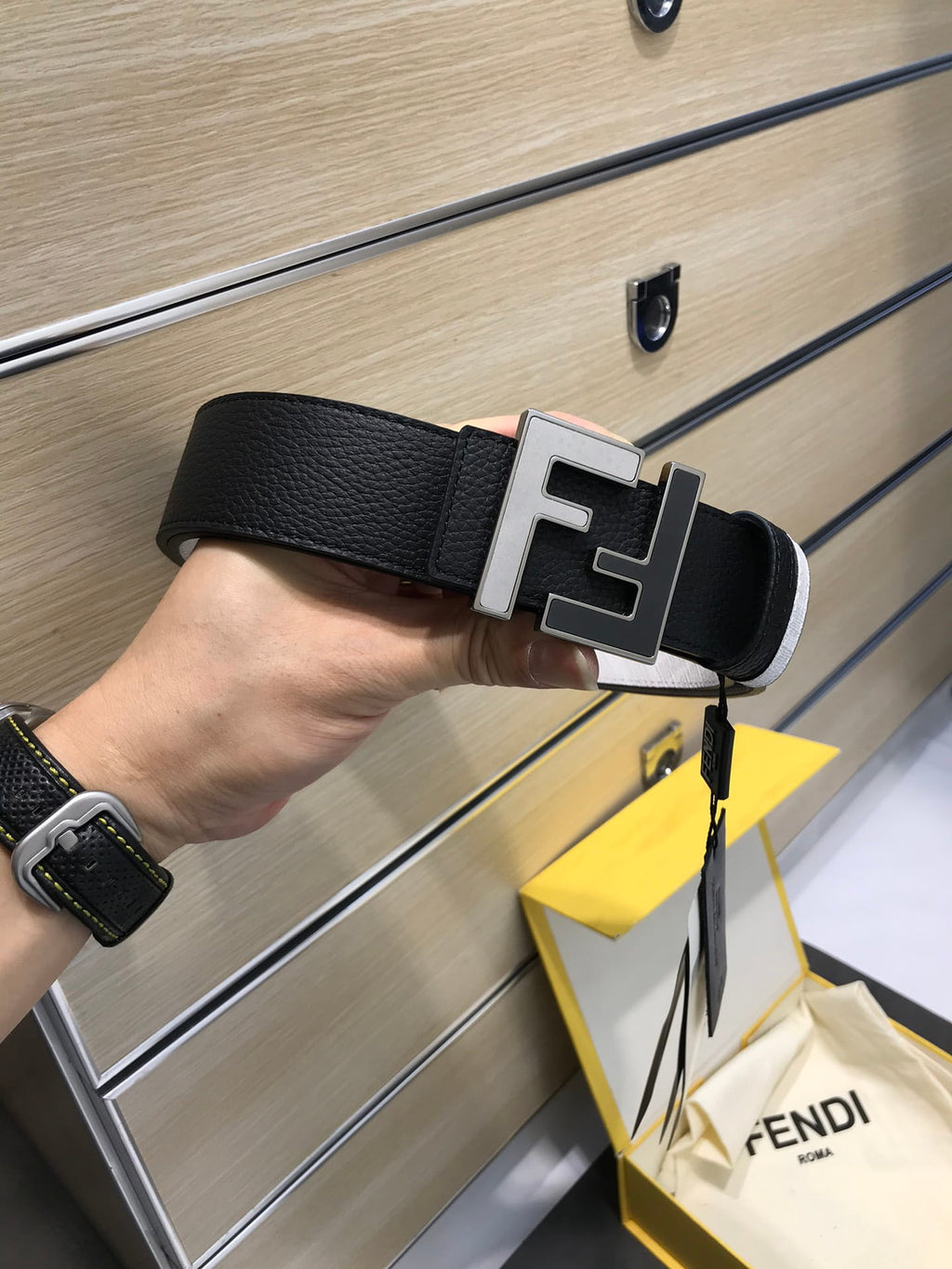 Fendi Reversible FF Buckle Belt 38mm Black Cuoio Romano and White Monogram