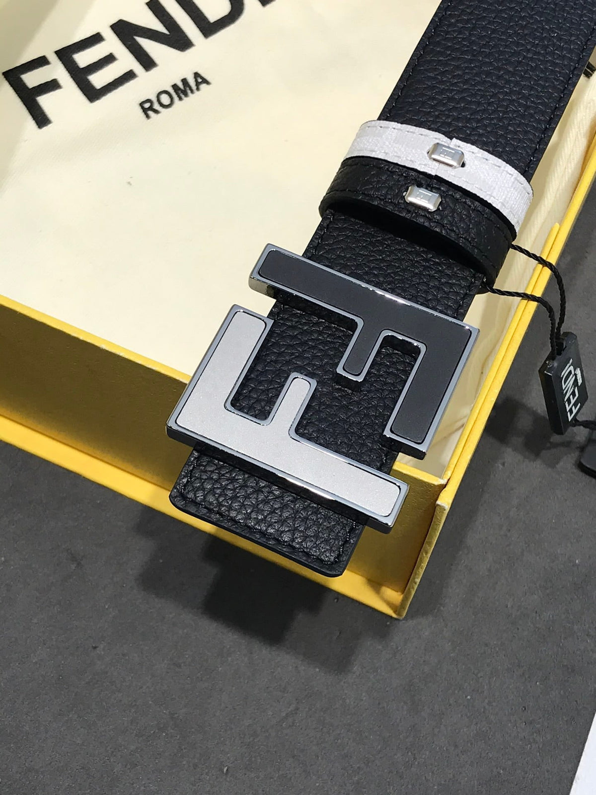 Fendi Reversible FF Buckle Belt 38mm Black Cuoio Romano and White Monogram