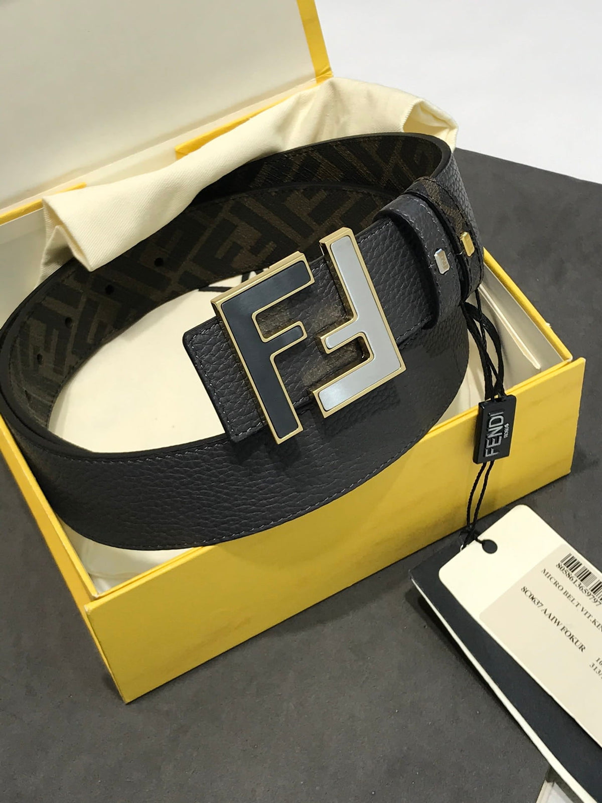 Fendi Reversible FF Buckle Belt Black Cuoio Romano and Tobacco Monogram