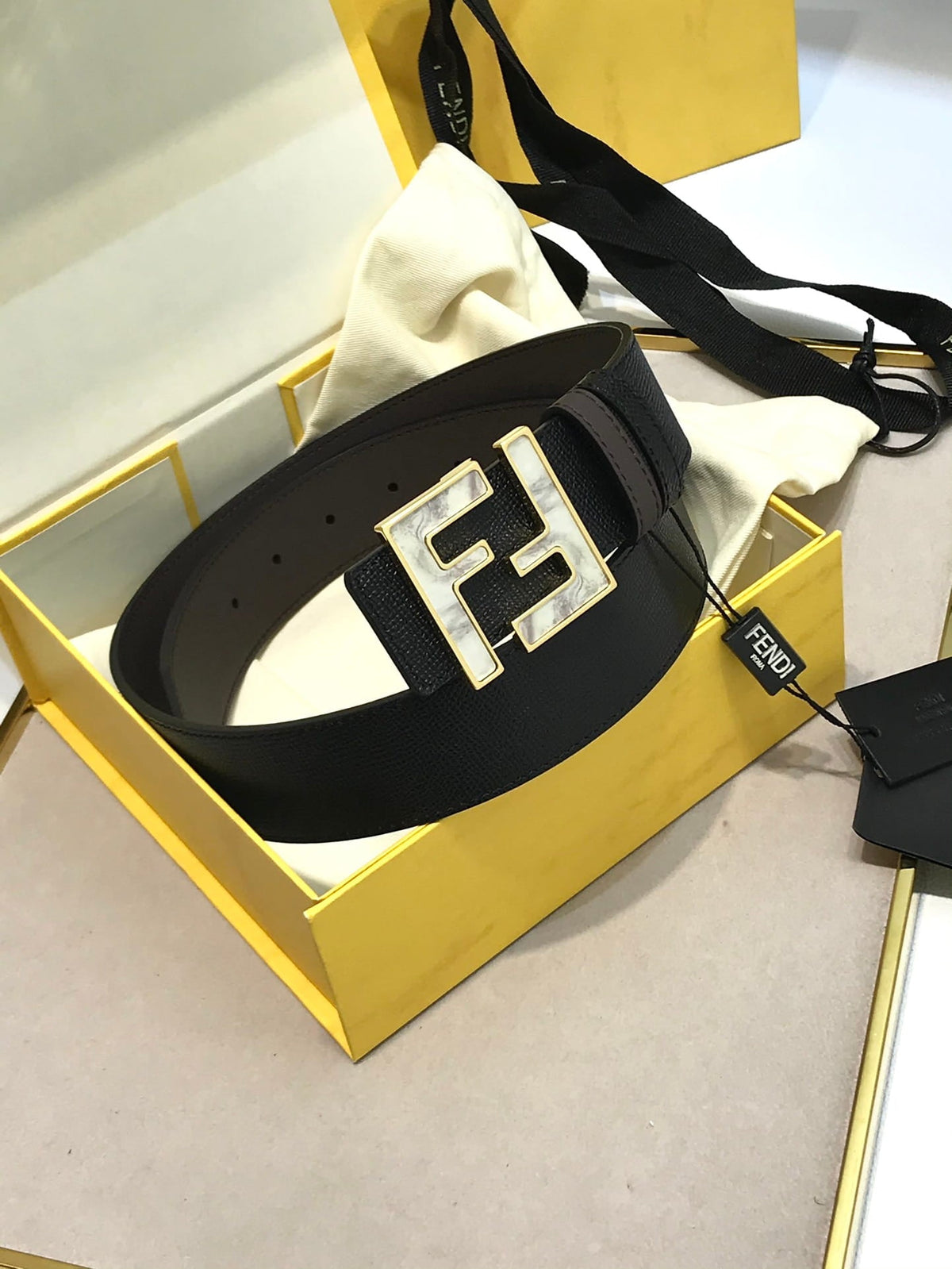 Fendi Reversible FF Buckle Belt Black Saffiano and Brown Leather 38mm