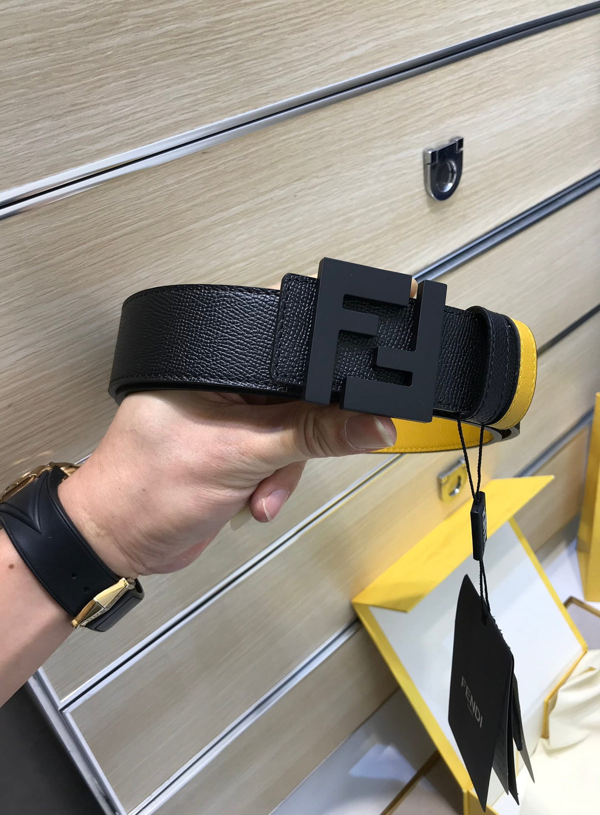 Fendi Reversible FF Buckle Belt Black Saffiano and Fendi Yellow Leather 38mm