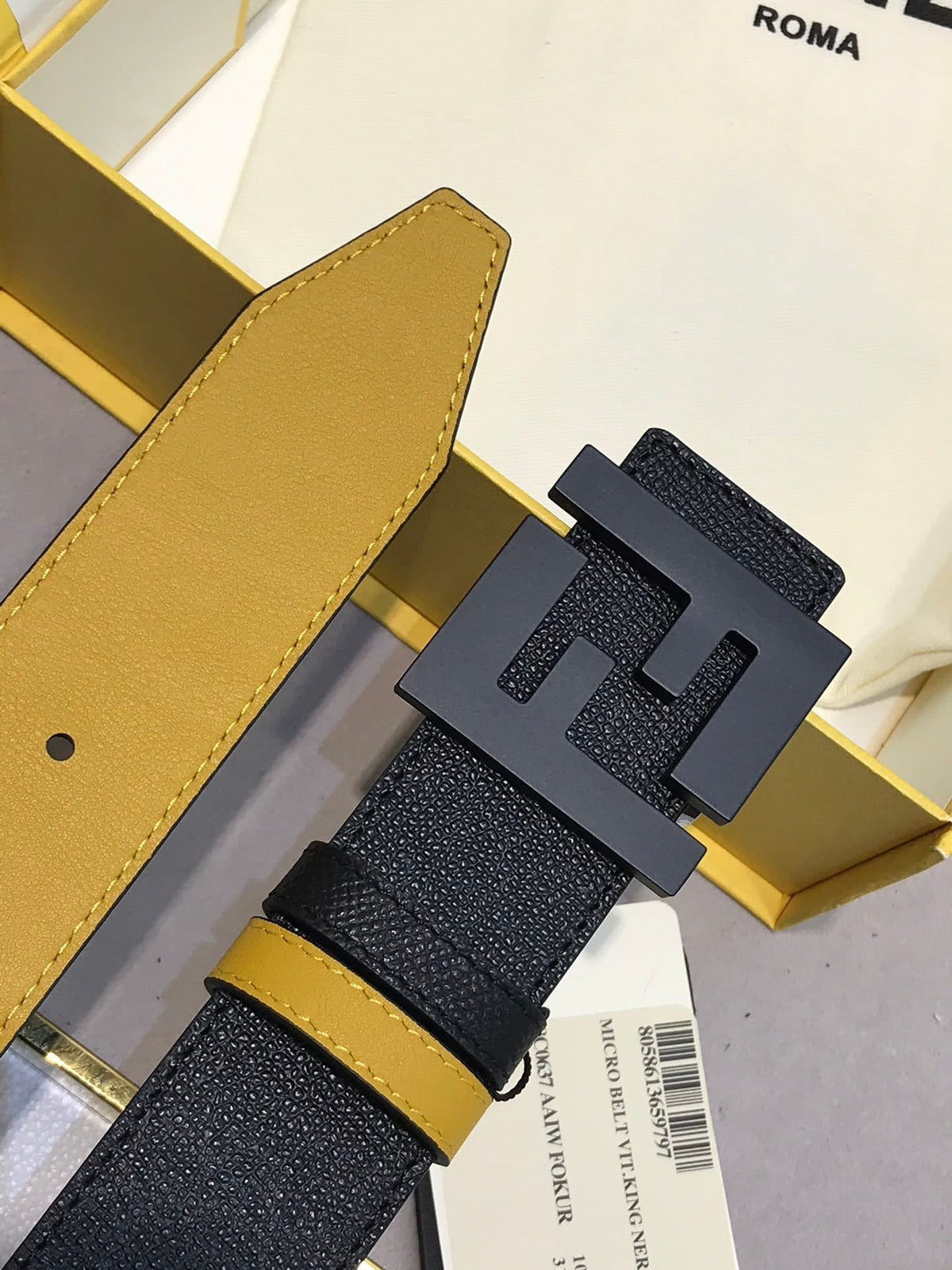 Fendi Reversible FF Buckle Belt Black Saffiano and Fendi Yellow Leather 38mm