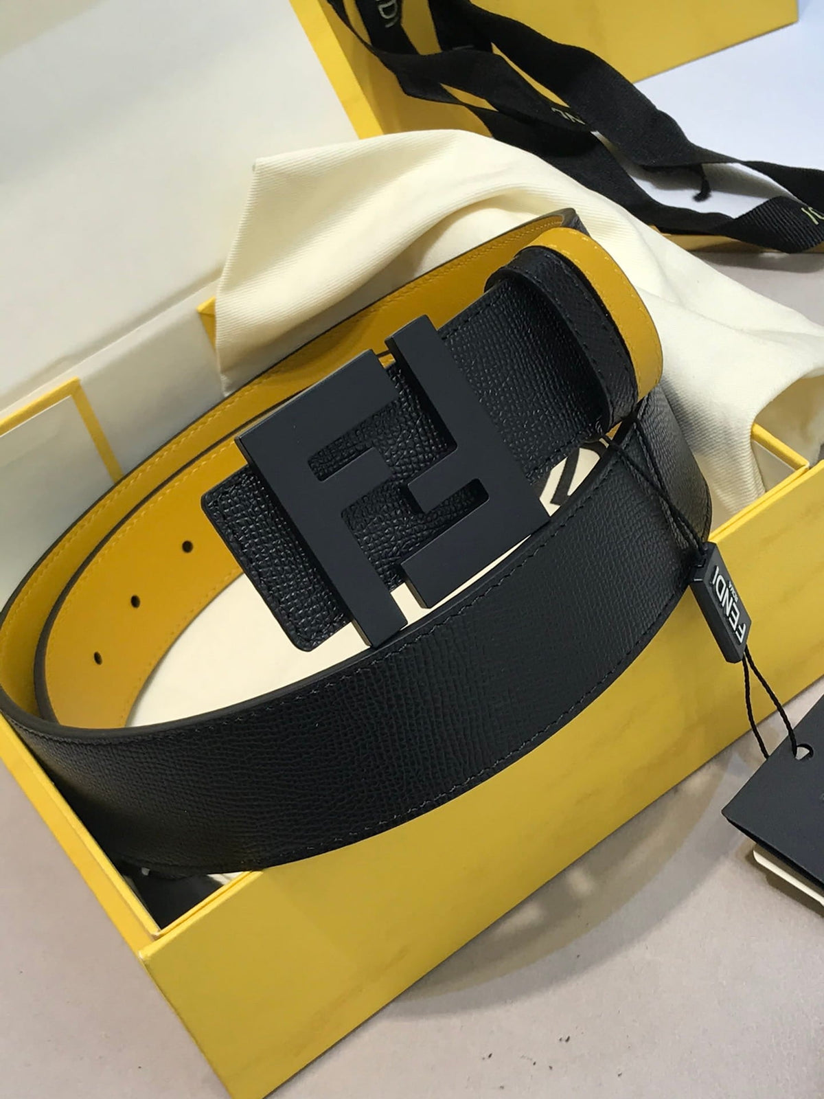 Fendi Reversible FF Buckle Belt Black Saffiano and Fendi Yellow Leather 38mm