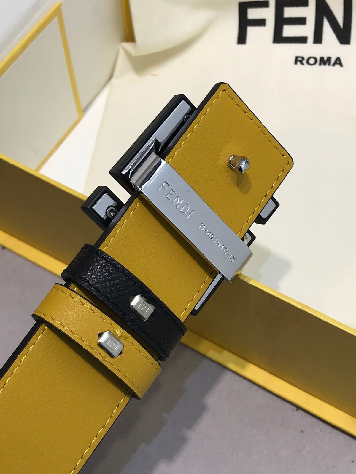 Fendi Reversible FF Buckle Belt Black Saffiano and Fendi Yellow Leather 38mm
