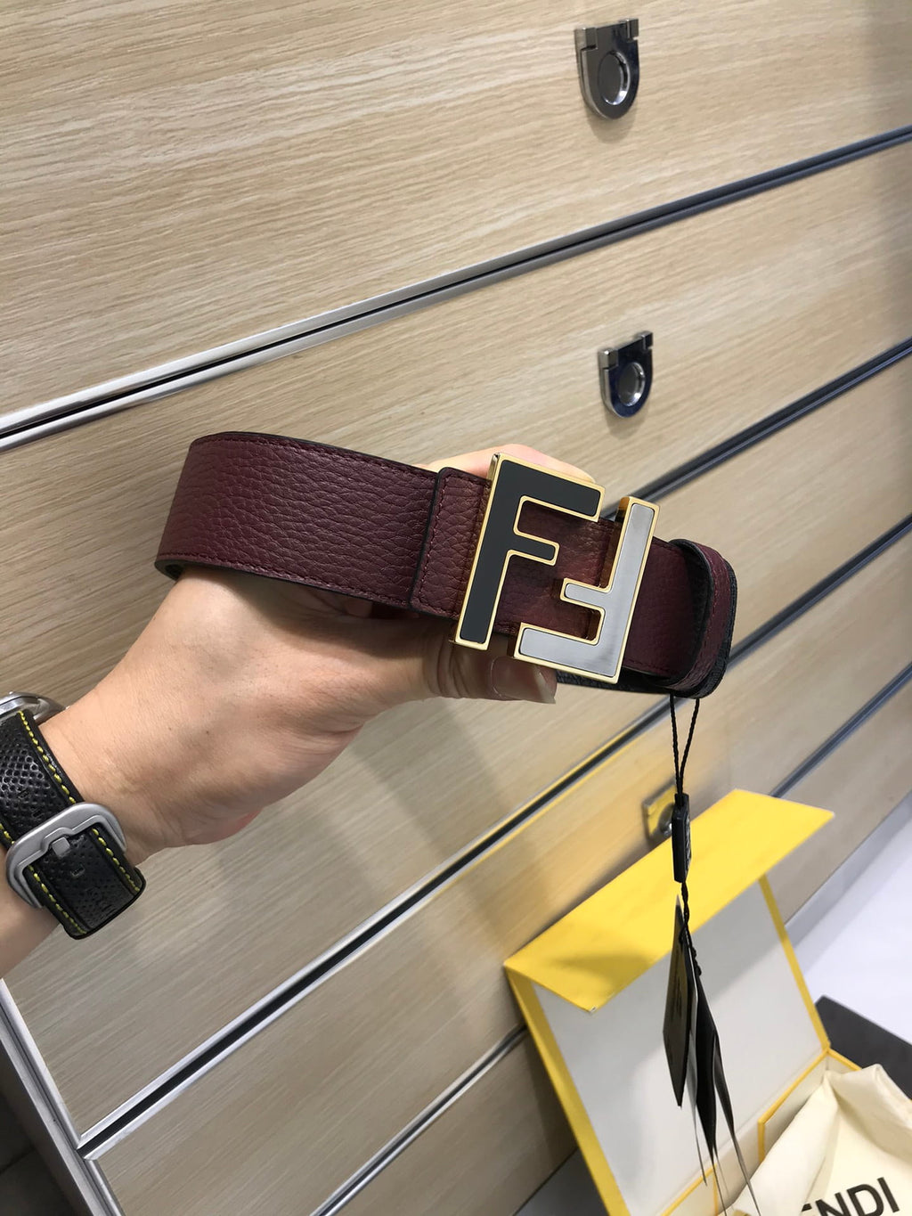 Fendi Reversible FF Buckle Belt Burgundy Cuoio Romano and Black Monogram
