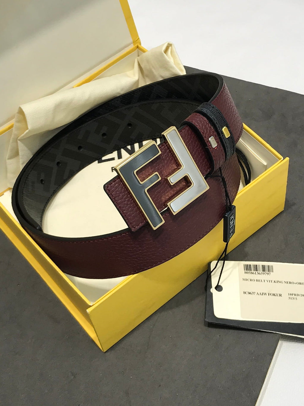 Fendi Reversible FF Buckle Belt Burgundy Cuoio Romano and Black Monogram