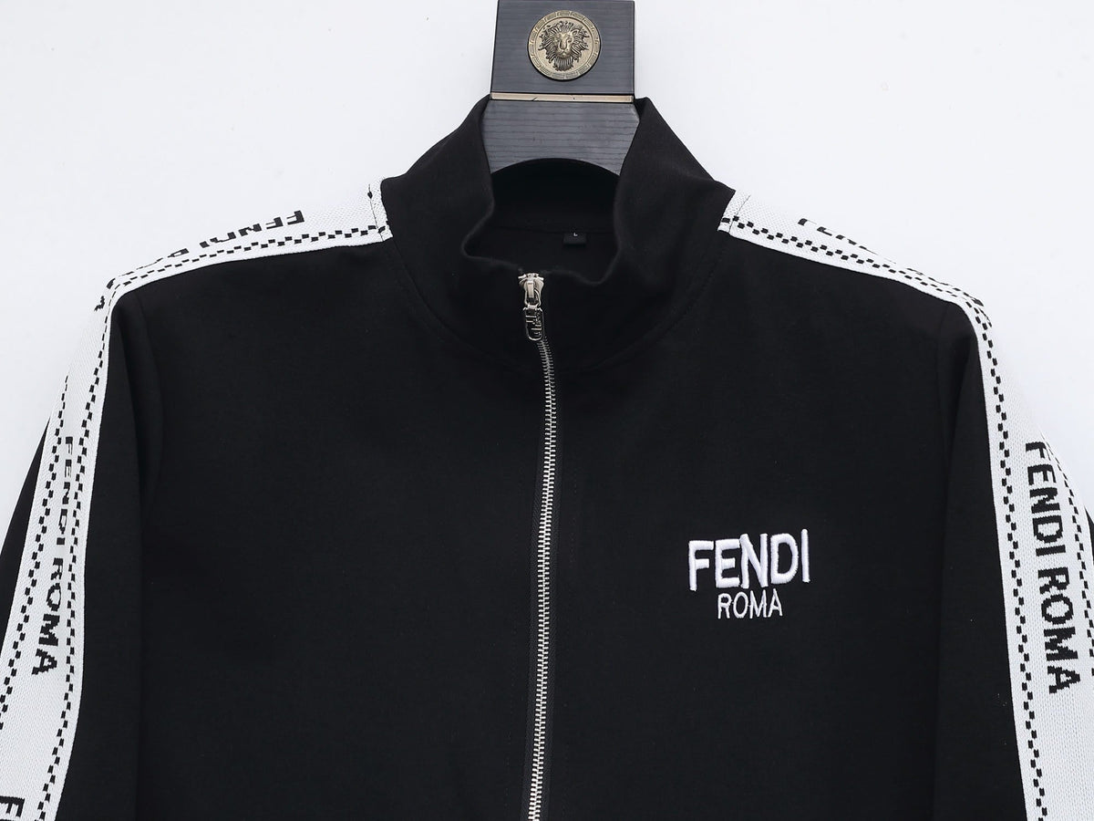 Fendi Roma Logo Striped Tracksuit Set - Black Technical Knit Zip Jacket & Pants