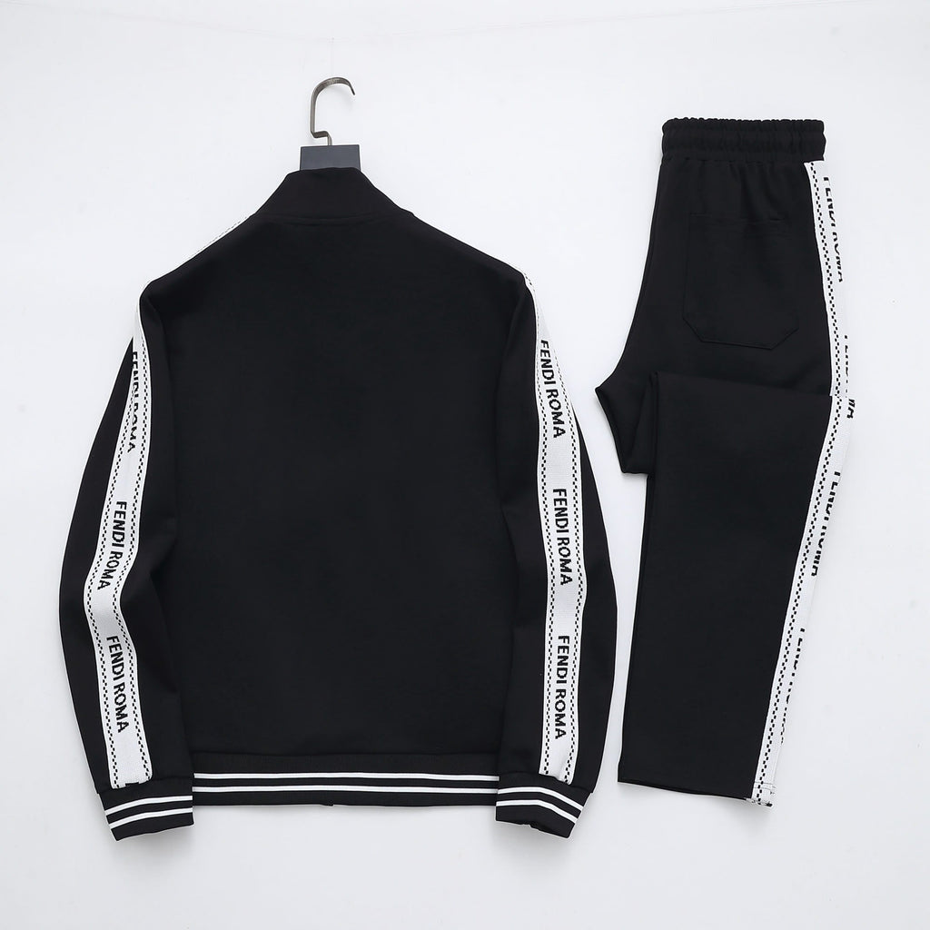 Fendi Roma Logo Striped Tracksuit Set - Black Technical Knit Zip Jacket & Pants