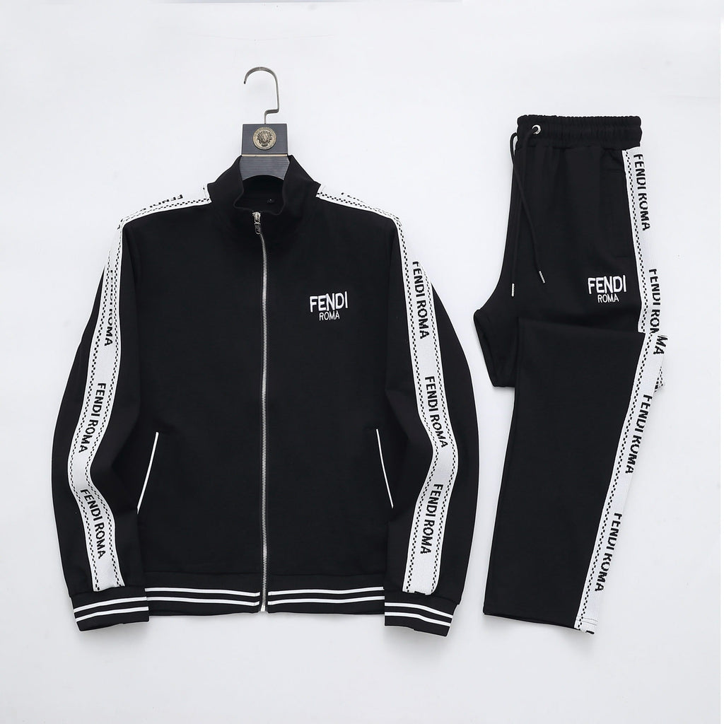 Fendi Roma Logo Striped Tracksuit Set - Black Technical Knit Zip Jacket & Pants