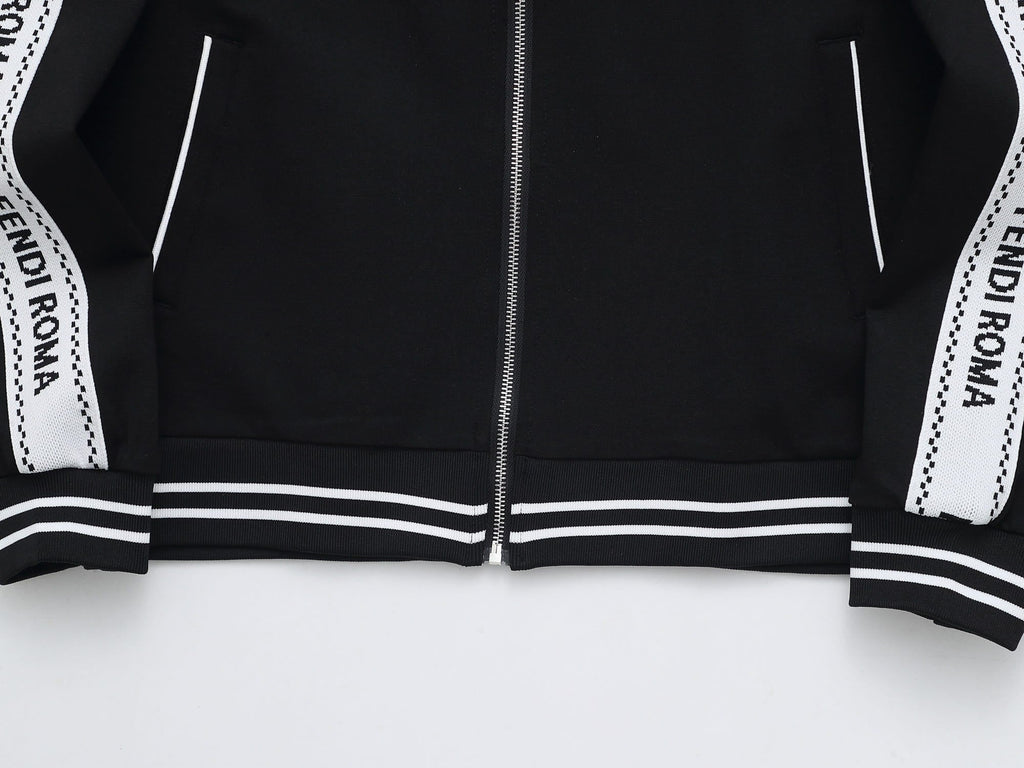 Fendi Roma Logo Striped Tracksuit Set - Black Technical Knit Zip Jacket & Pants