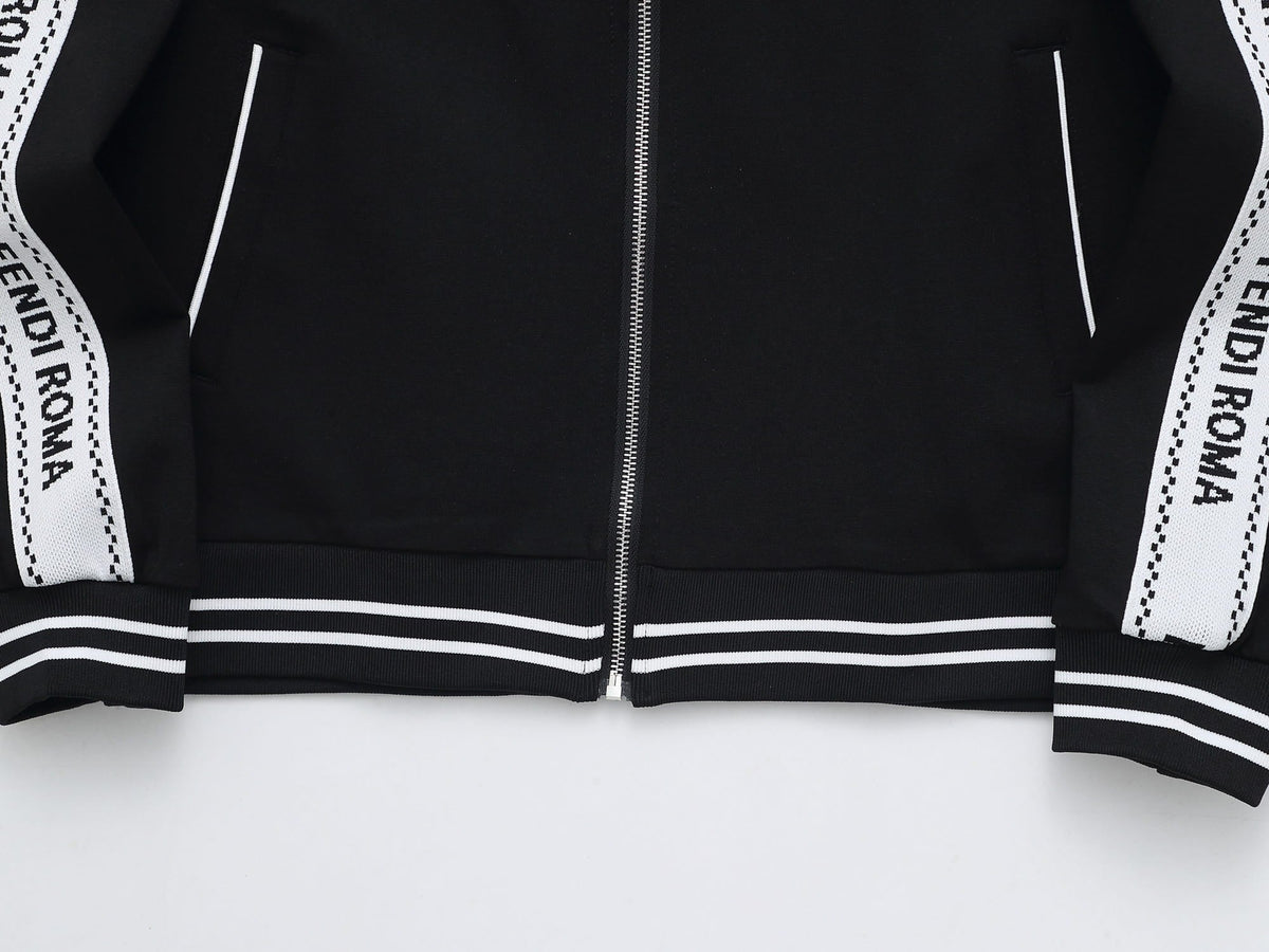 Fendi Roma Logo Striped Tracksuit Set - Black Technical Knit Zip Jacket & Pants