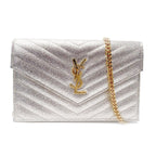 Saint Laurent Monogram Envelope Chain Wallet Metallic Silver Calfskin Leather Shoulder Bag
