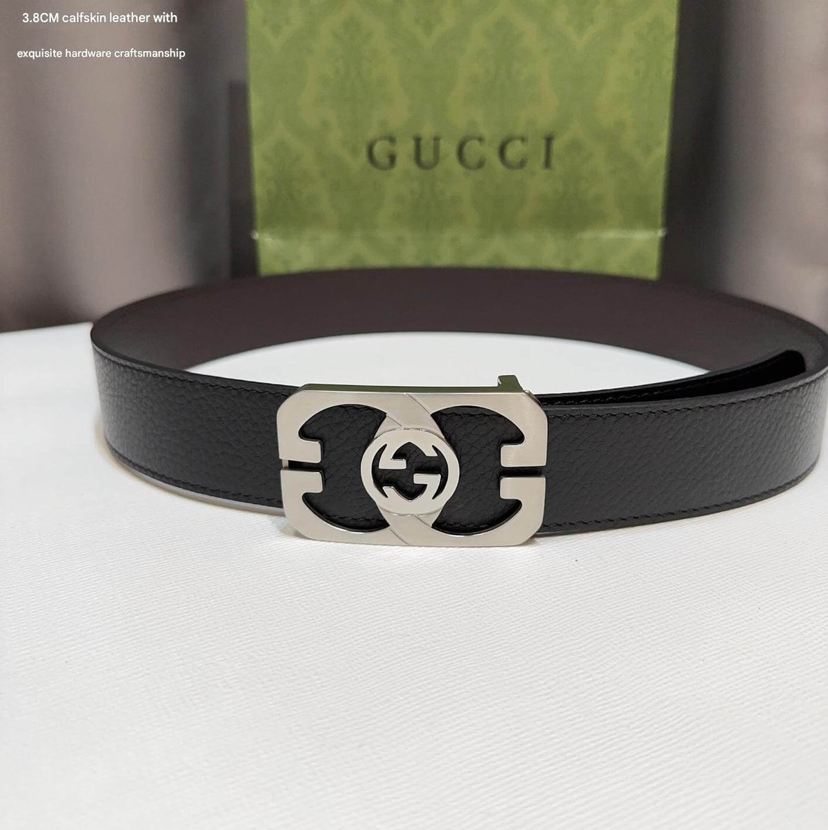 Gucci Black Grained Calfskin Belt with Silver Interlocking G Cut-Out Plaque Buckle