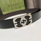 Gucci Black Grained Calfskin Belt with Silver Interlocking G Cut-Out Plaque Buckle
