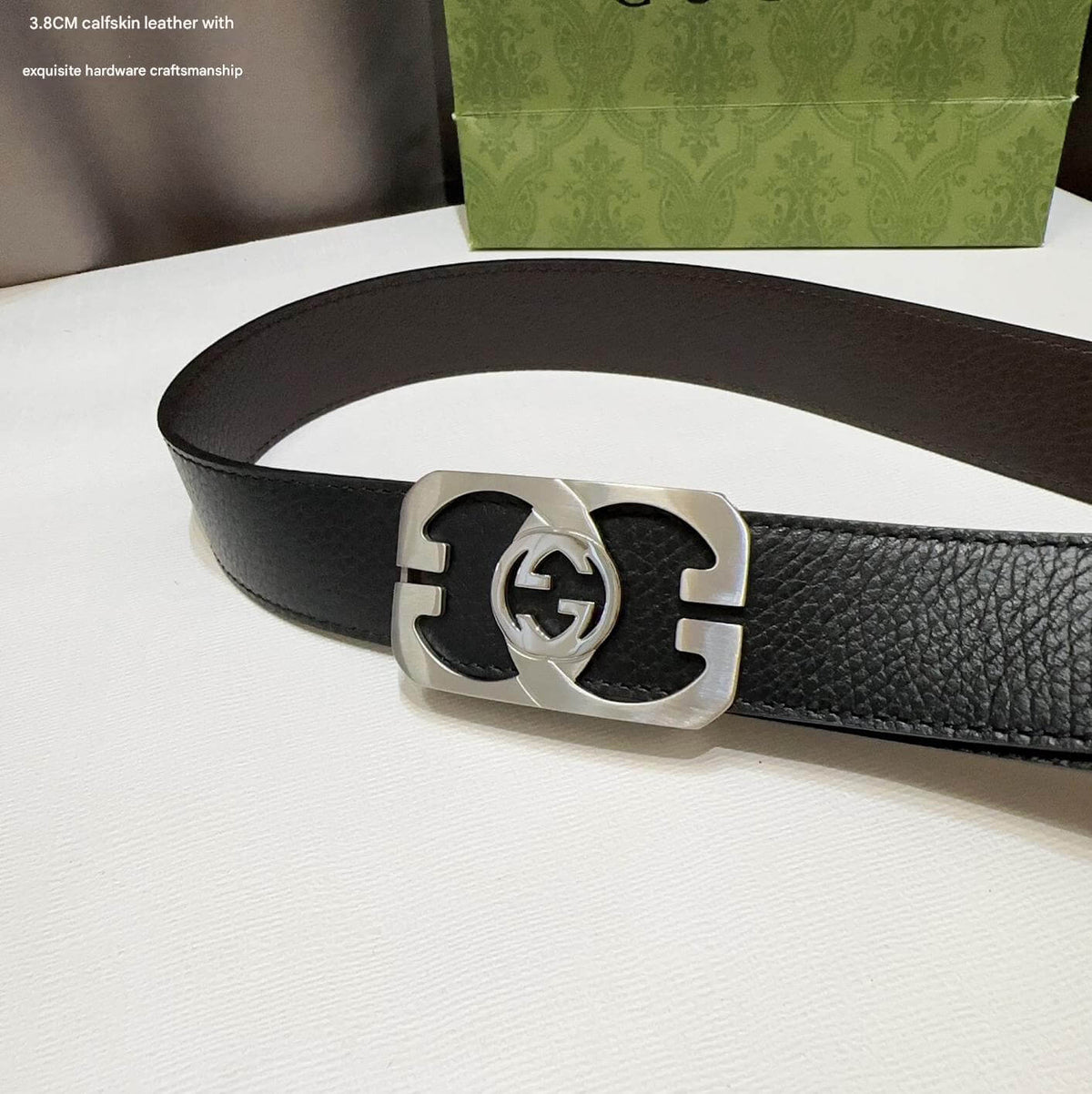Gucci Black Grained Calfskin Belt with Silver Interlocking G Cut-Out Plaque Buckle