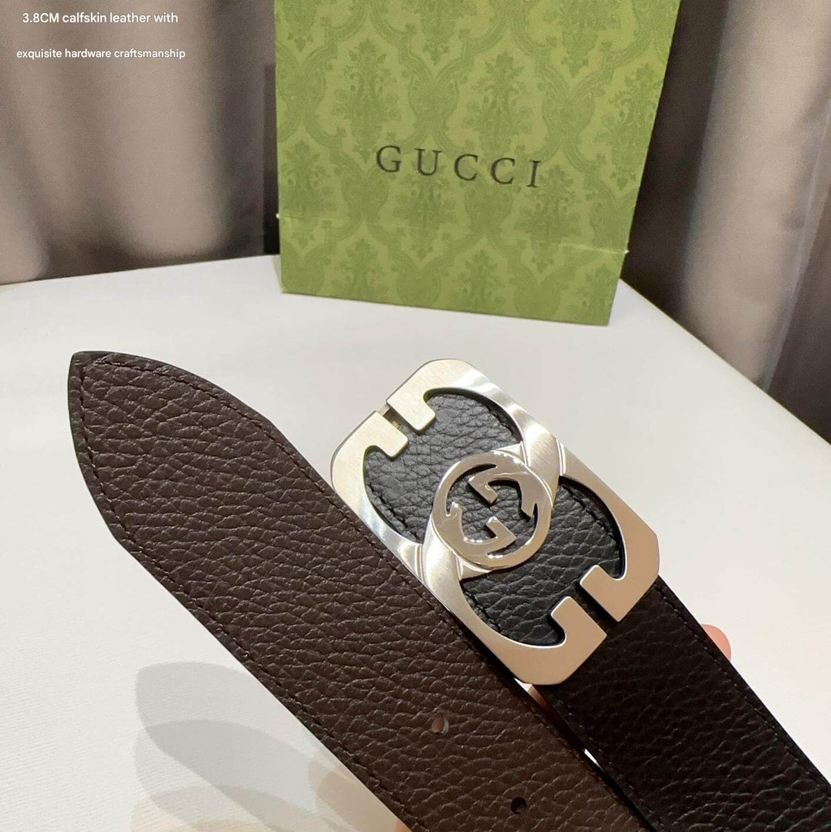 Gucci Black Grained Calfskin Belt with Silver Interlocking G Cut-Out Plaque Buckle
