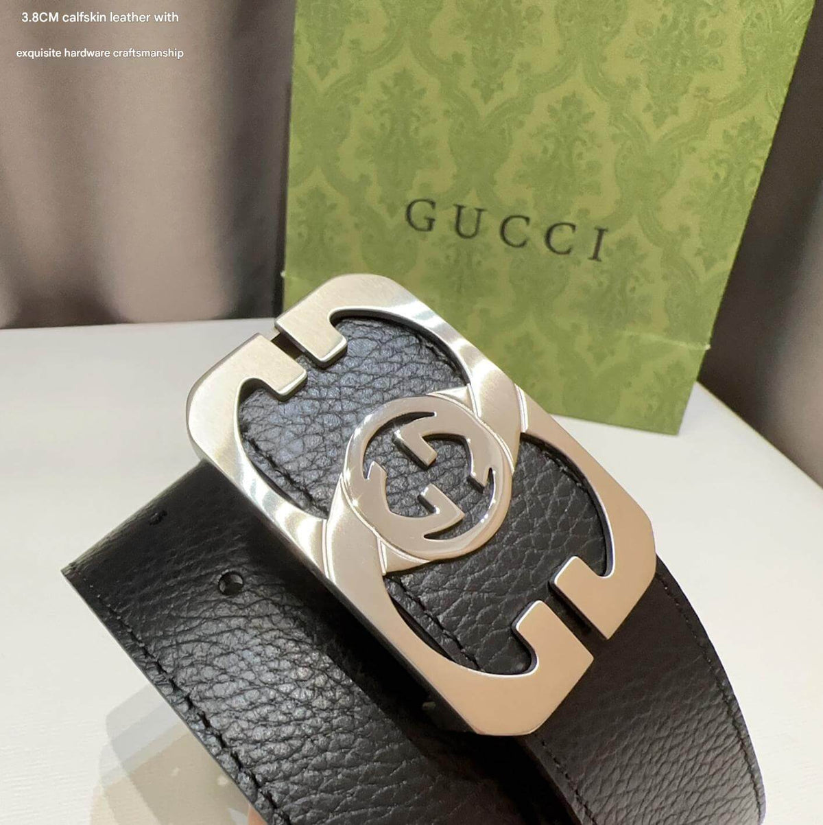 Gucci Black Grained Calfskin Belt with Silver Interlocking G Cut-Out Plaque Buckle