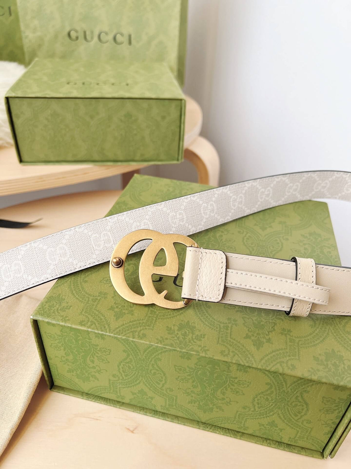 Gucci GG Marmont Reversible Belt GG Supreme Canvas and Beige Leather
