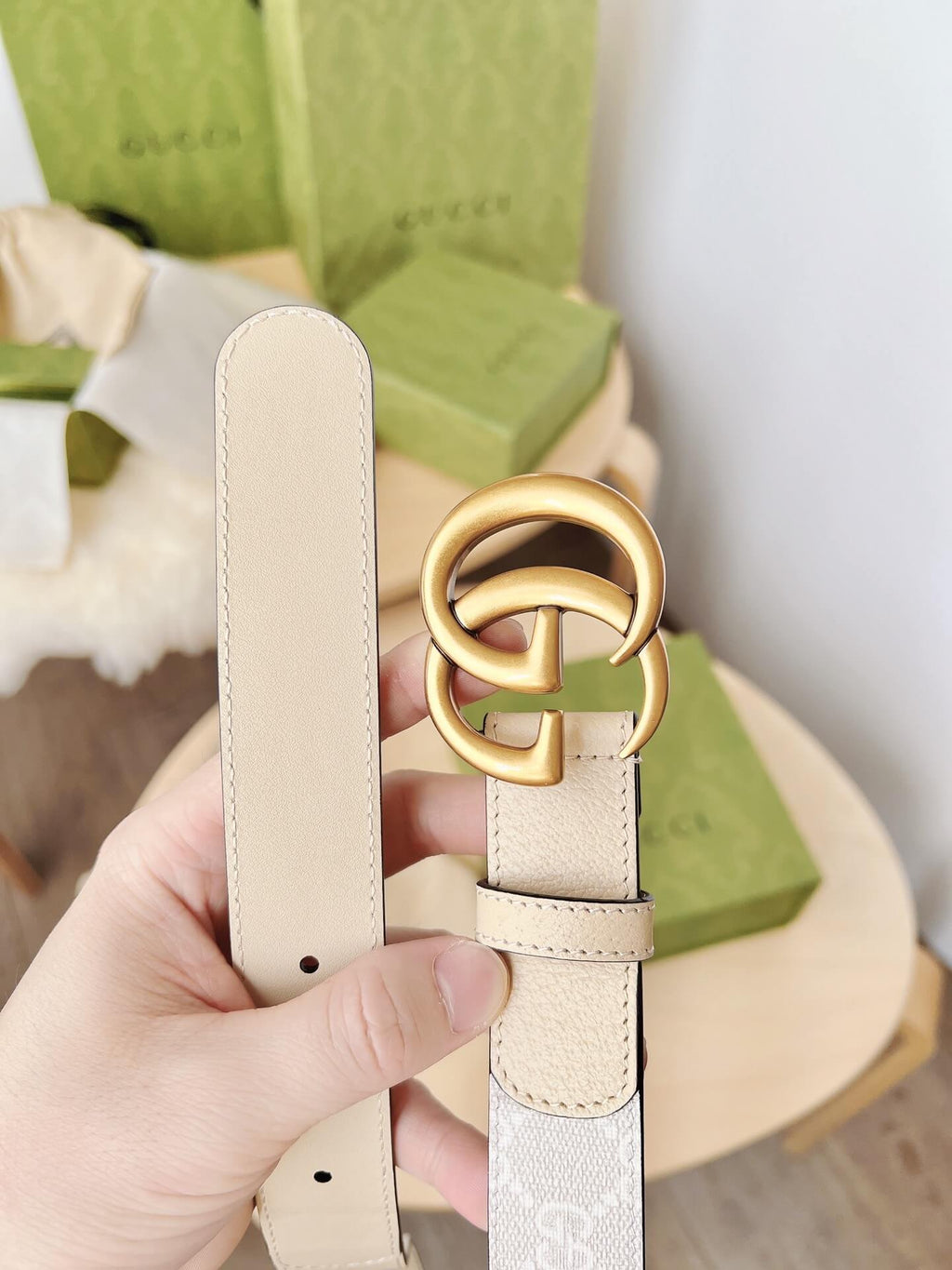 Gucci GG Marmont Reversible Belt GG Supreme Canvas and Beige Leather