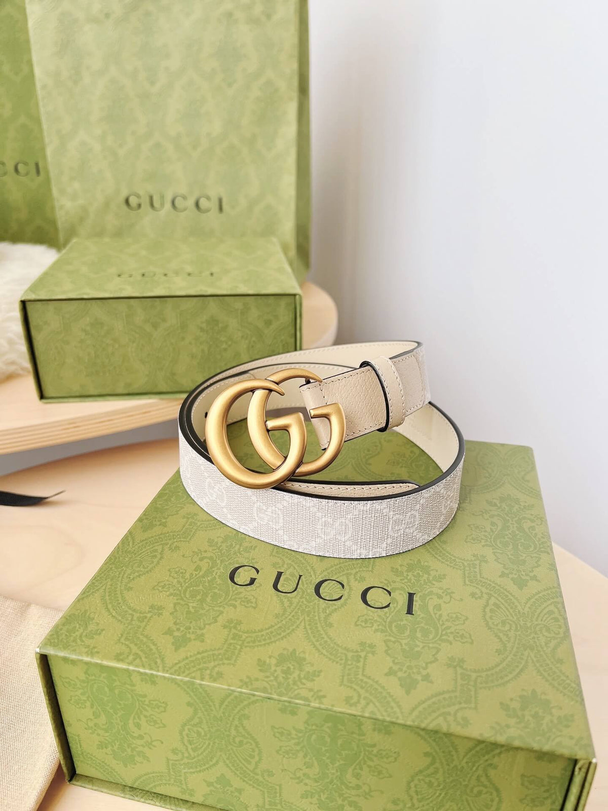Gucci GG Marmont Reversible Belt GG Supreme Canvas and Beige Leather