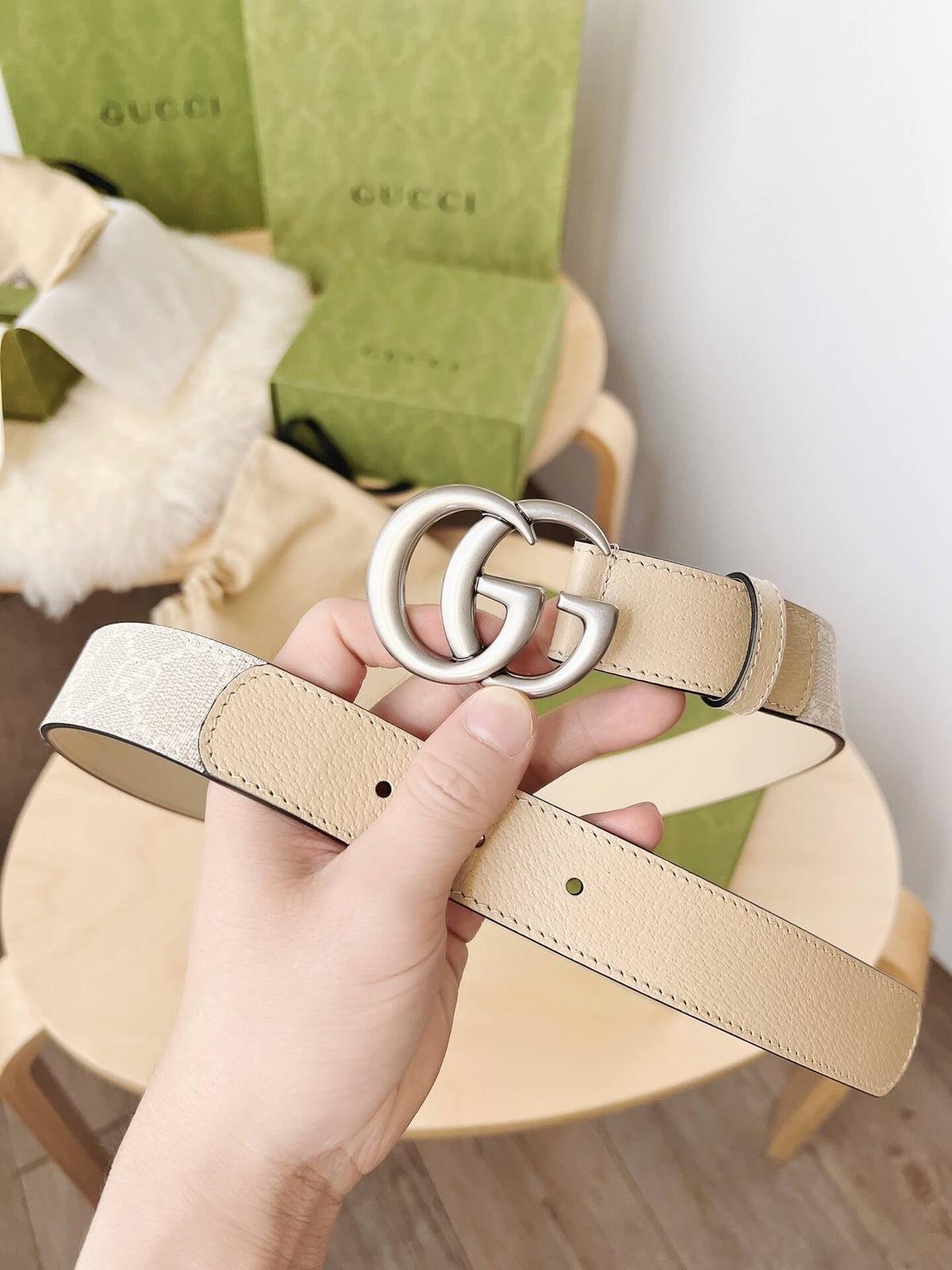 Gucci GG Marmont Reversible Belt GG Supreme Canvas and Beige Leather Silver Buckle