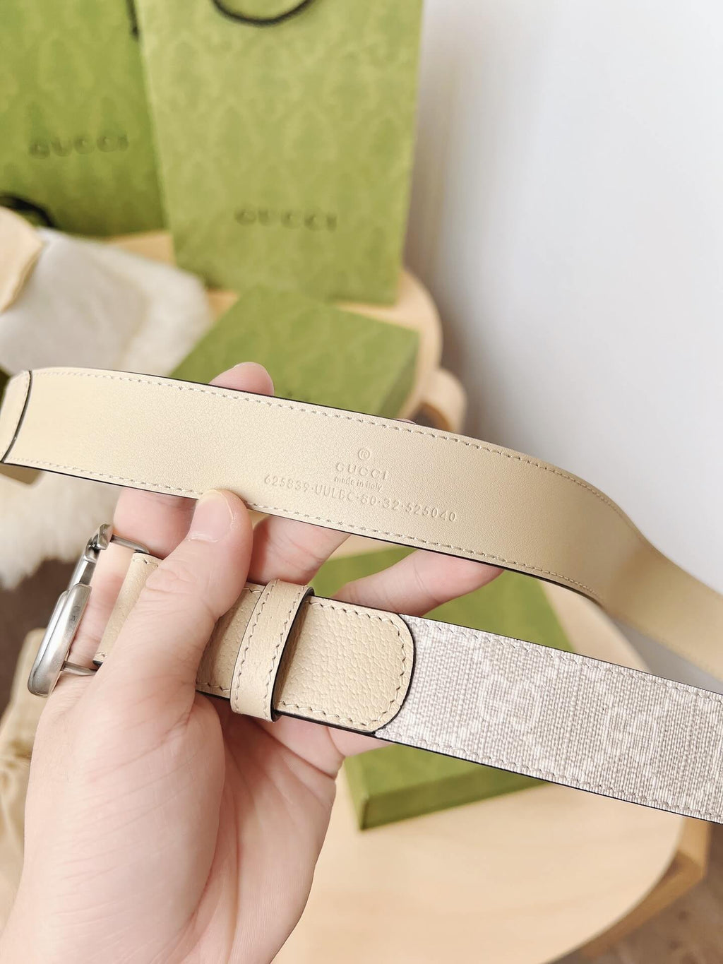Gucci GG Marmont Reversible Belt GG Supreme Canvas and Beige Leather Silver Buckle