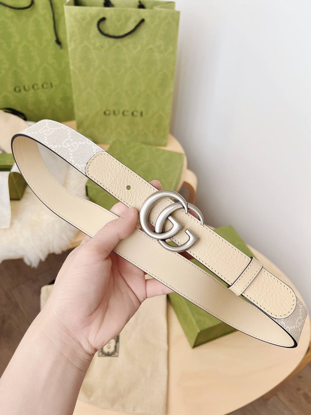 Gucci GG Marmont Reversible Belt GG Supreme Canvas and Beige Leather Silver Buckle