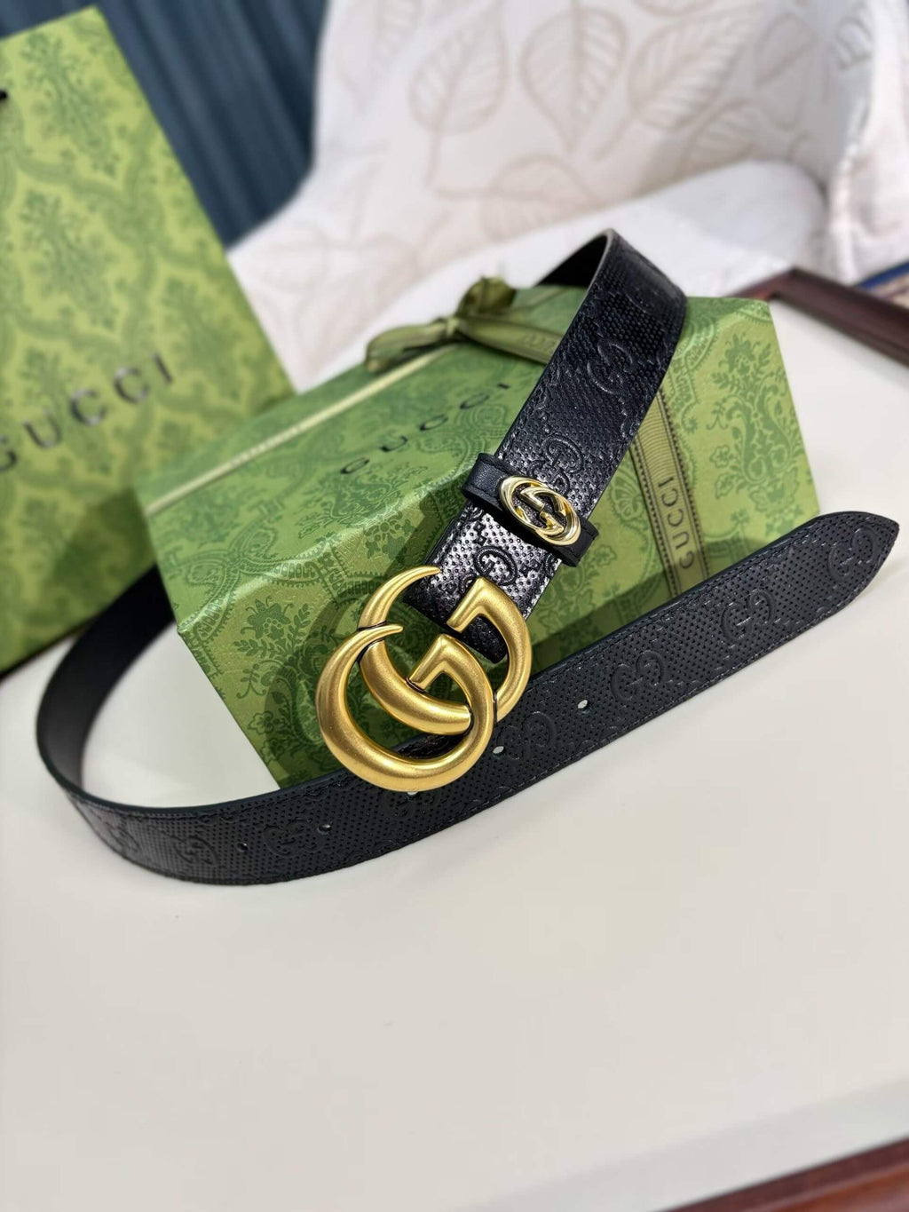 Gucci GG Marmont Thin Belt - Black Perforated GG Embossed Leather
