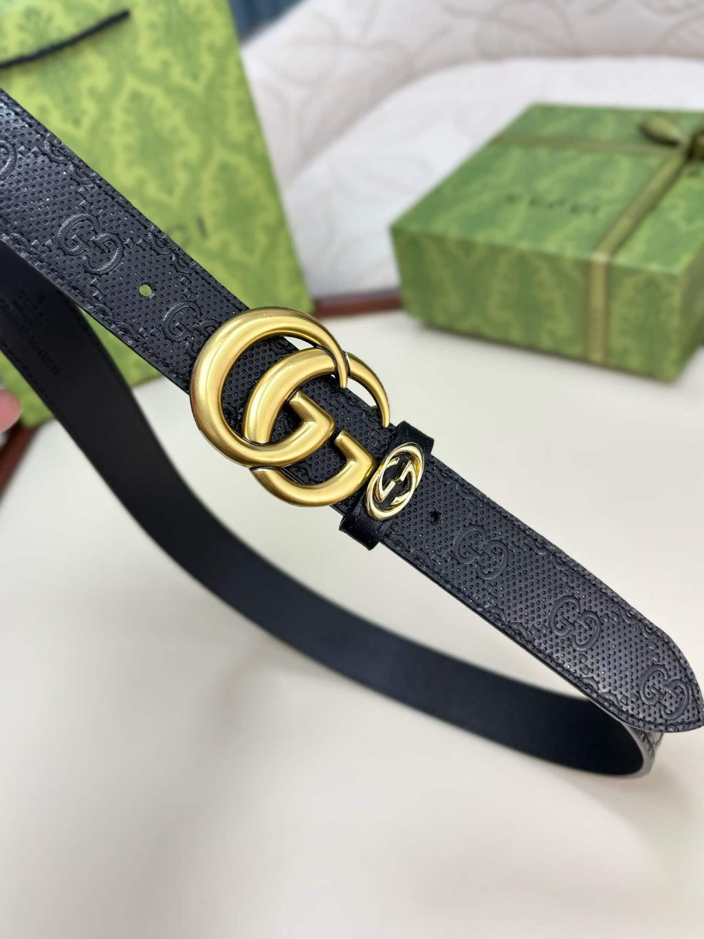 Gucci GG Marmont Thin Belt - Black Perforated GG Embossed Leather