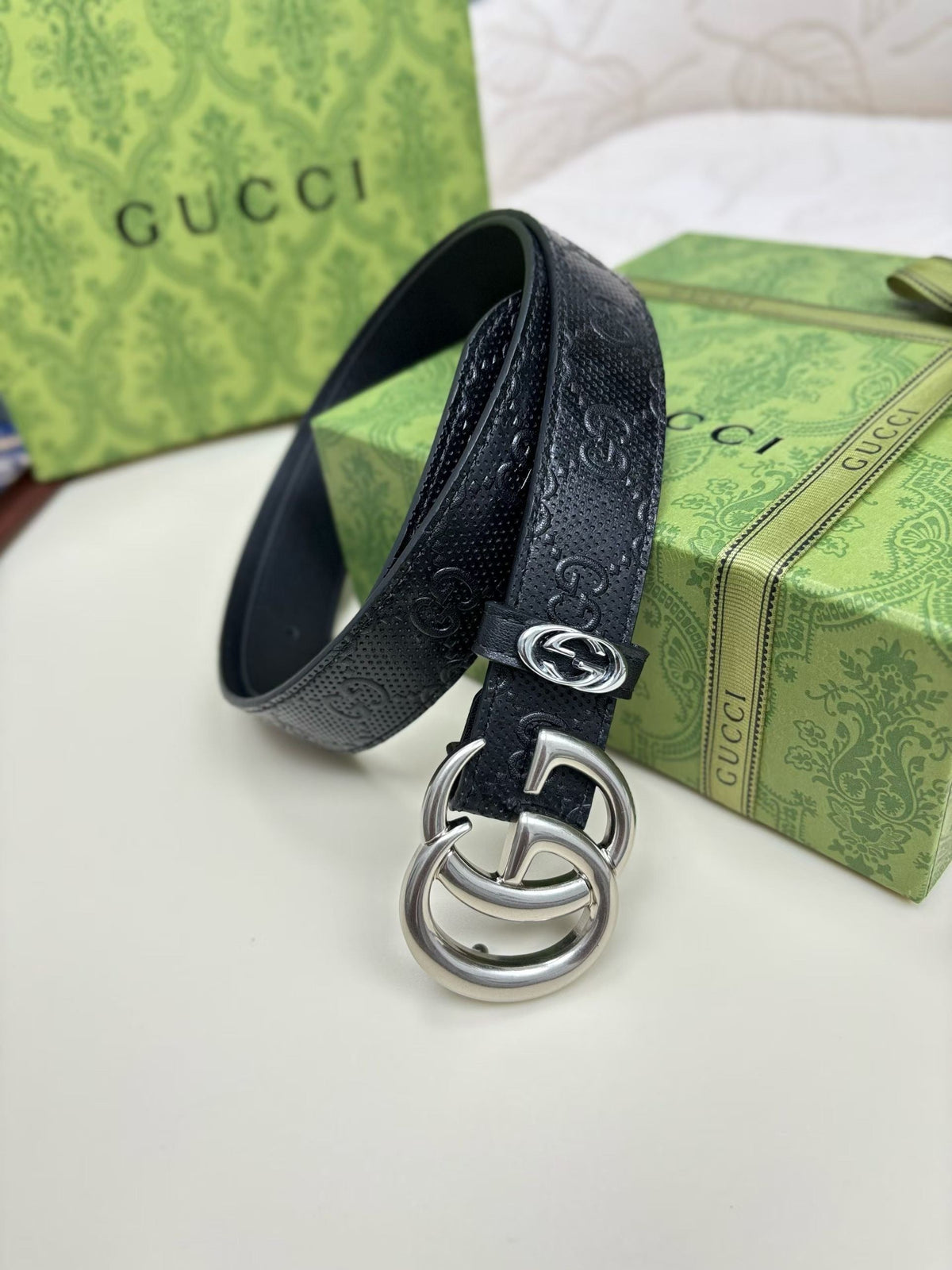 Gucci GG Marmont Thin Belt - Black Perforated GG Leather with Silver-Tone Buckle