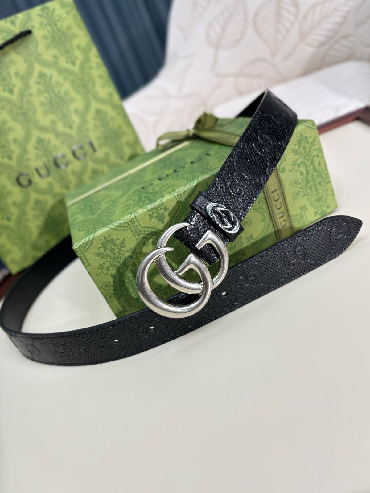 Gucci GG Marmont Thin Belt - Black Perforated GG Leather with Silver-Tone Buckle