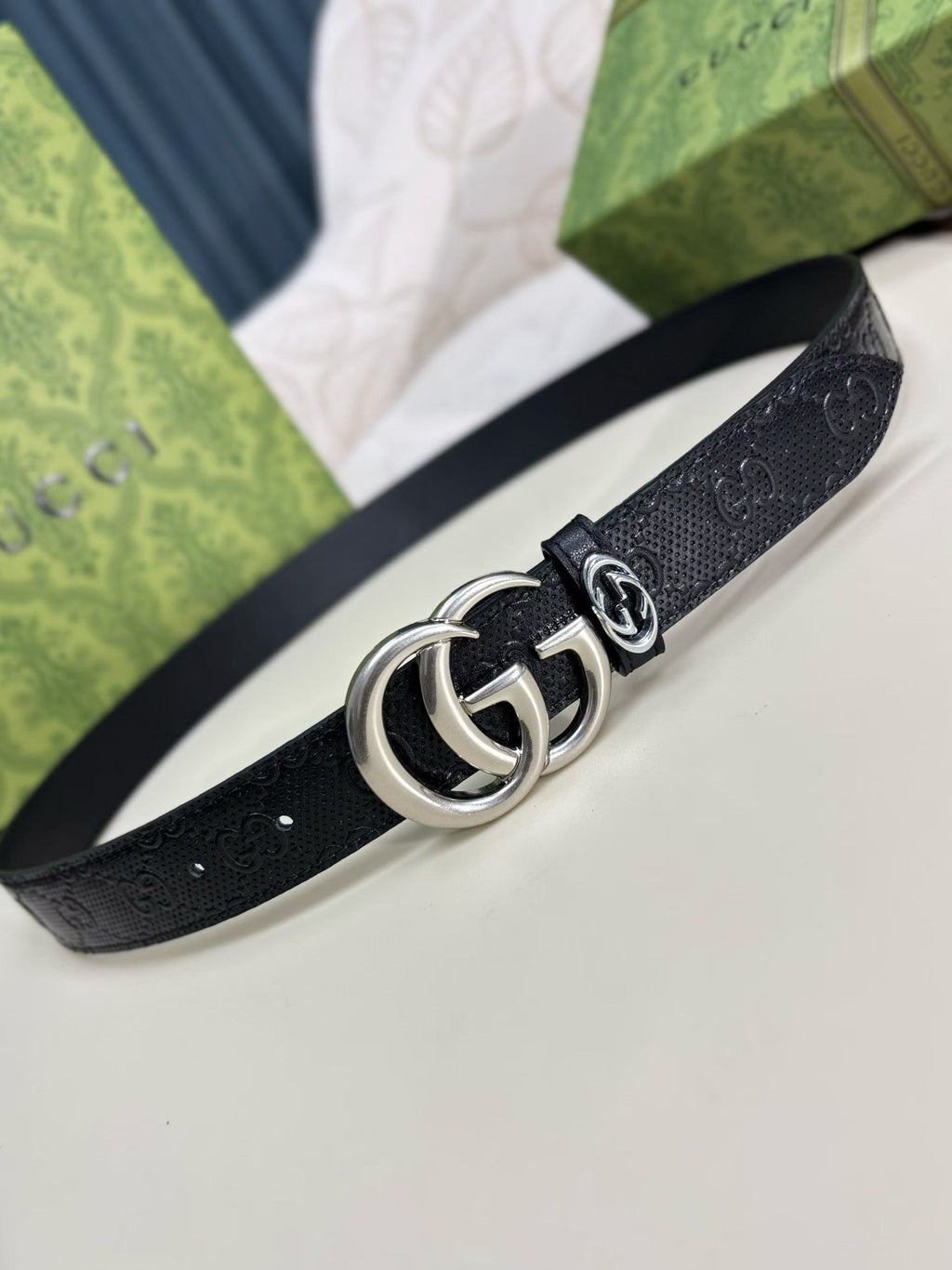 Gucci GG Marmont Thin Belt - Black Perforated GG Leather with Silver-Tone Buckle