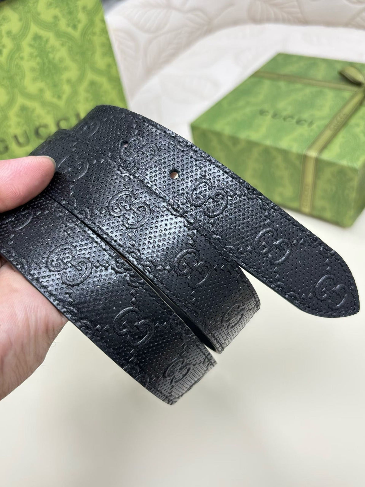 Gucci GG Marmont Thin Belt - Black Perforated GG Leather with Silver-Tone Buckle