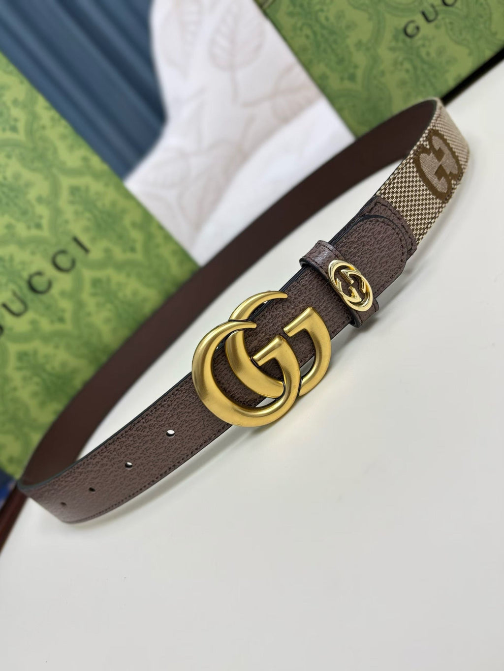 Gucci GG Marmont Thin Belt - Brown Jumbo GG Canvas and Leather
