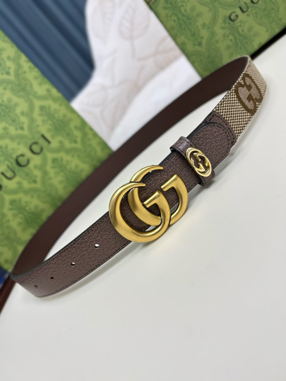 Gucci GG Marmont Thin Belt - Brown Jumbo GG Canvas and Leather