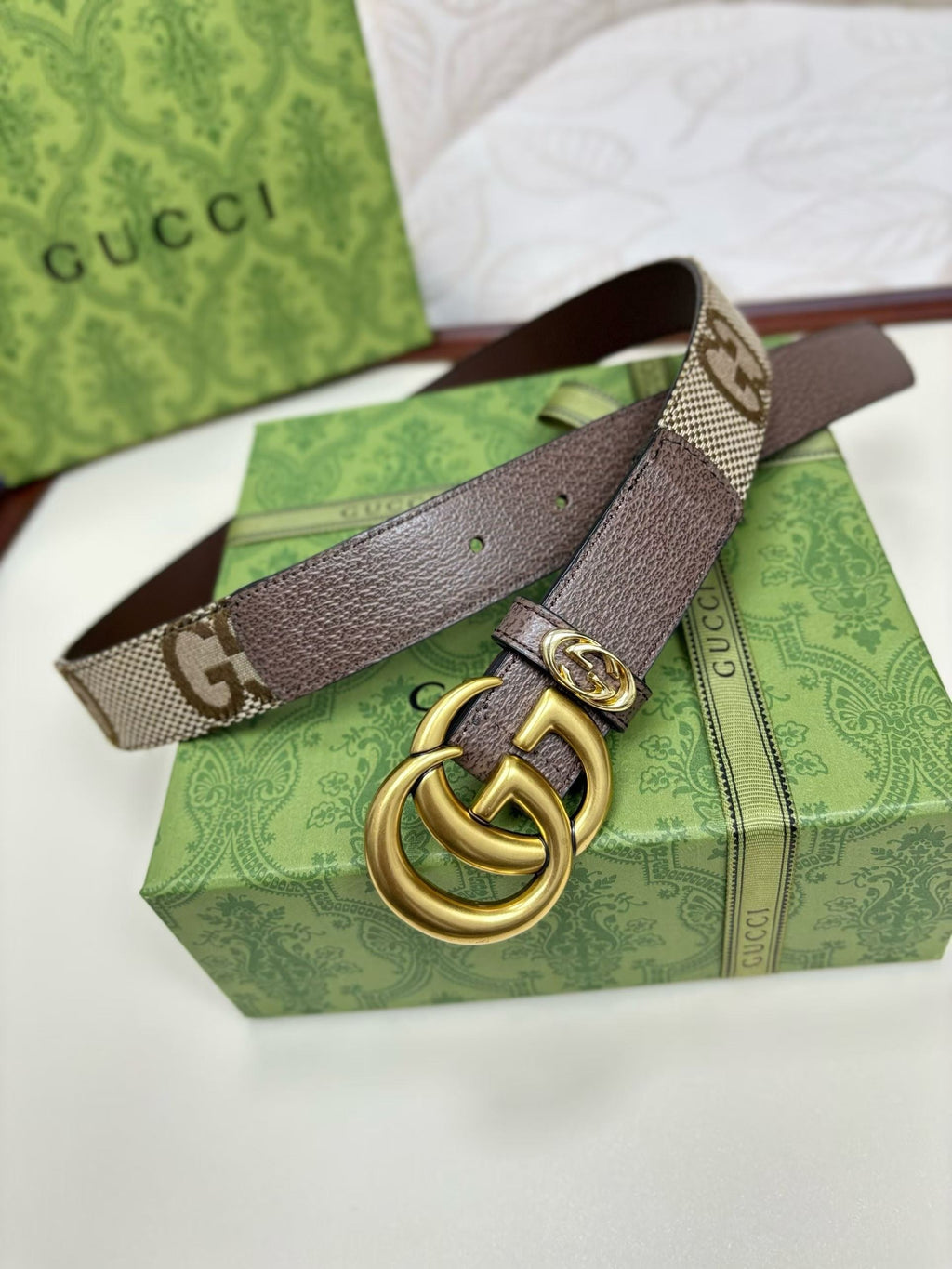 Gucci GG Marmont Thin Belt - Brown Jumbo GG Canvas and Leather