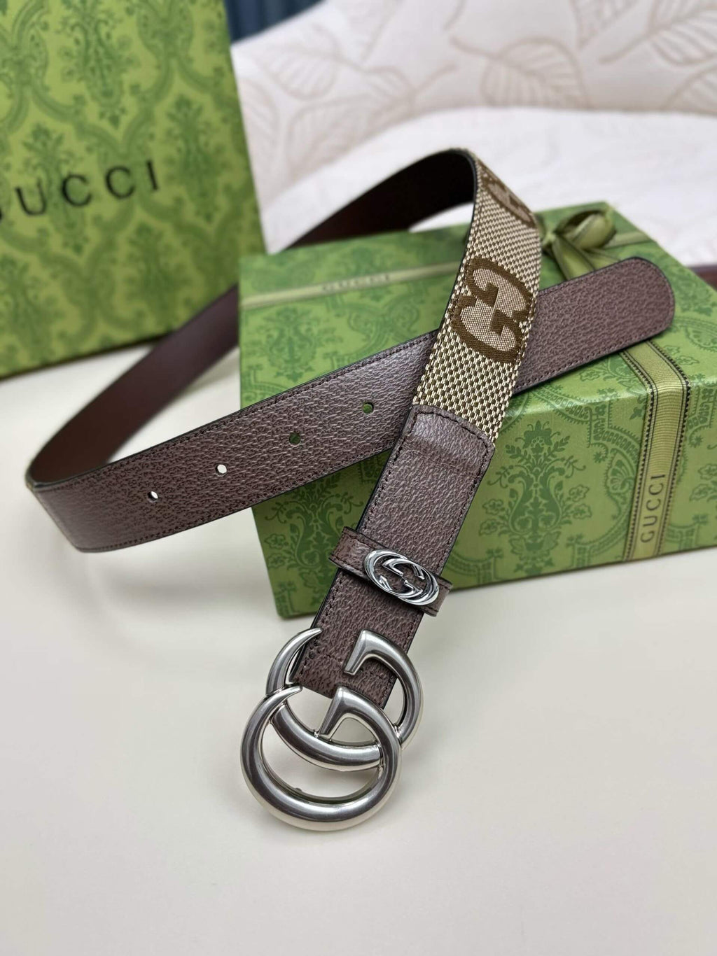 Gucci GG Marmont Thin Belt - Jumbo GG Canvas with Silver-Tone Buckle