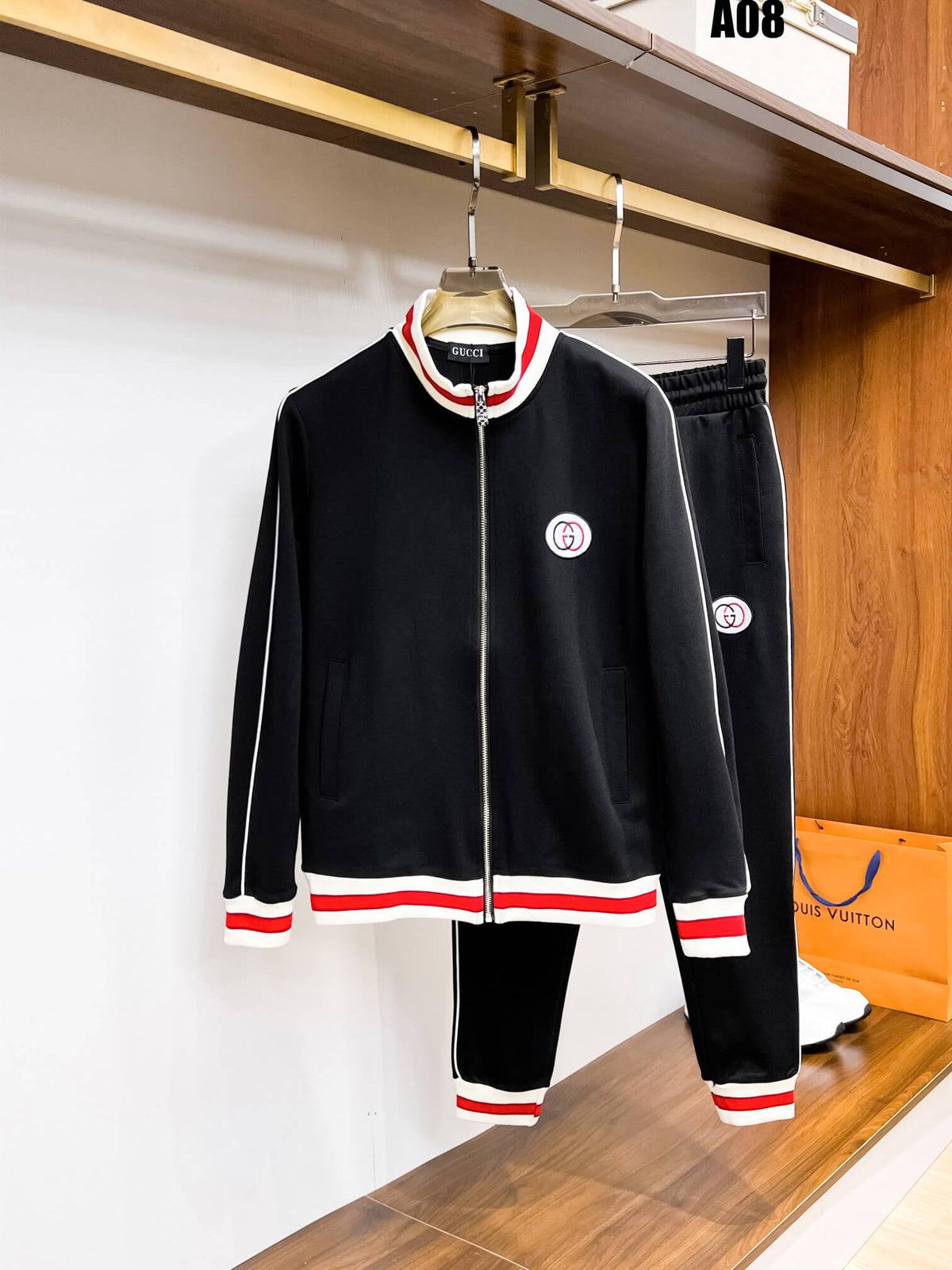 Gucci Interlocking G Technical Jersey Tracksuit Black with Red Trim
