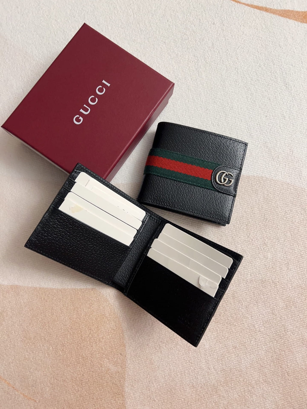 Gucci Men's Ophidia Bifold Wallet - Black Grainy Leather with Web Stripe