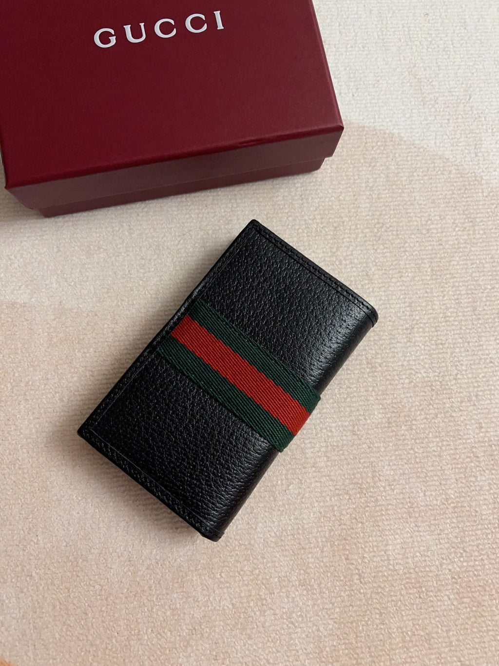 Gucci Men's Ophidia Black Leather Card Case Wallet with Web Stripe - Silver Double G