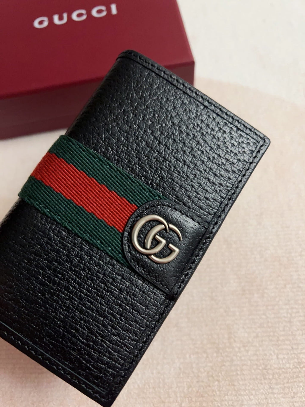 Gucci Men's Ophidia Black Leather Card Case Wallet with Web Stripe - Silver Double G