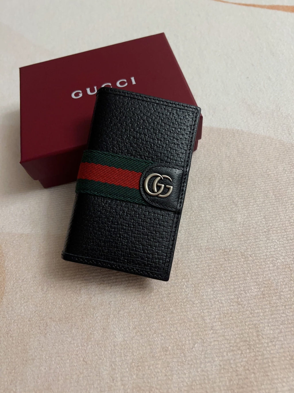 Gucci Men's Ophidia Black Leather Card Case Wallet with Web Stripe - Silver Double G