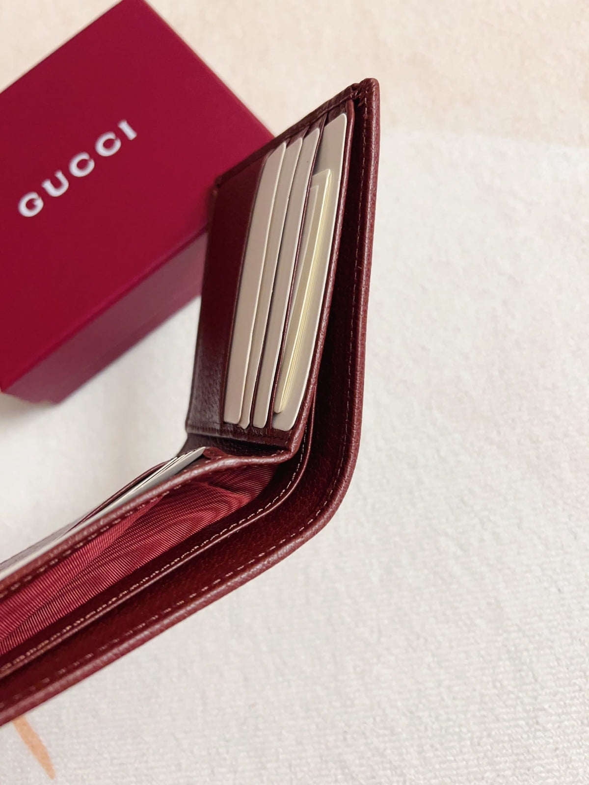 Gucci Men's Ophidia GG Supreme Bi-fold Wallet with Web Stripe - Burgundy Leather Trim