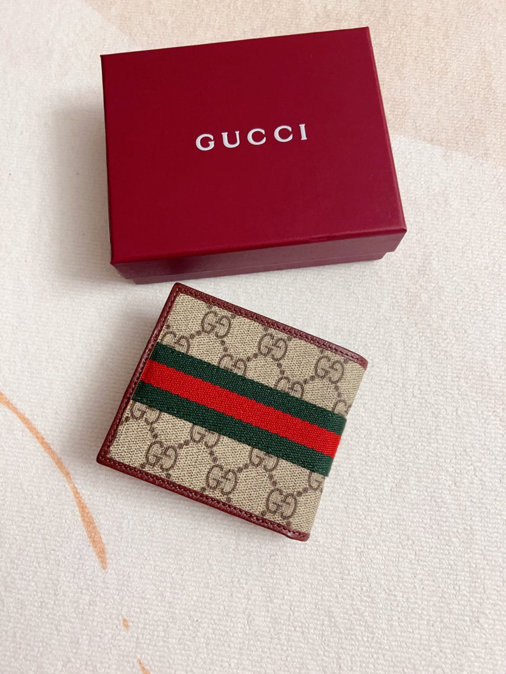 Gucci Men's Ophidia GG Supreme Bi-fold Wallet with Web Stripe - Burgundy Leather Trim