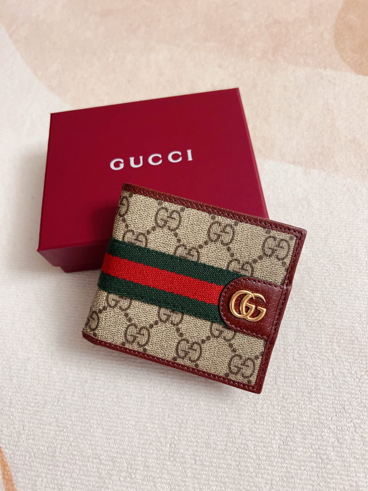 Gucci Men's Ophidia GG Supreme Bi-fold Wallet with Web Stripe - Burgundy Leather Trim